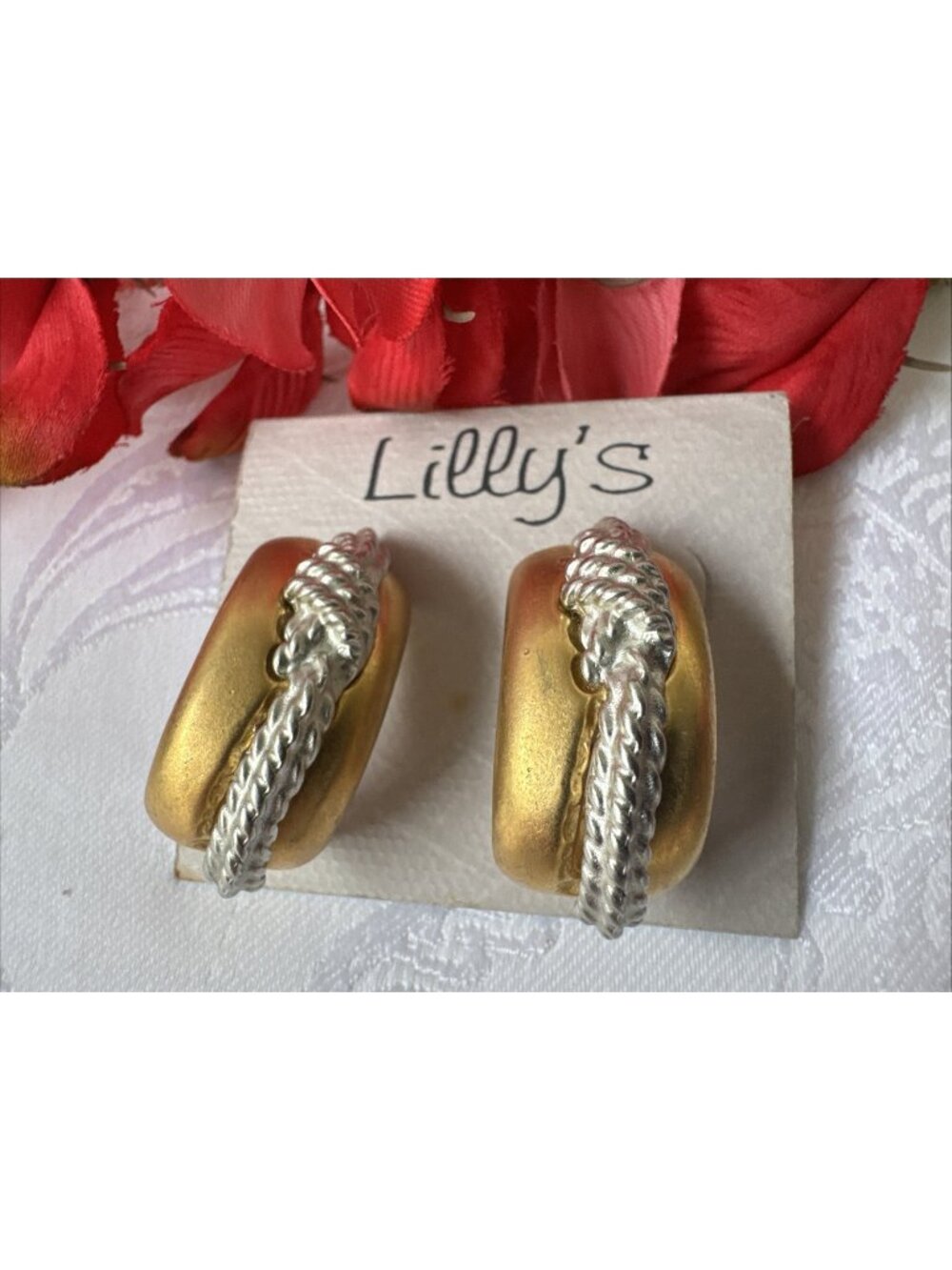Lilly's Vintage Chunky Silver & Gold Tone Earrings Brass Post Back 1.25" NEW